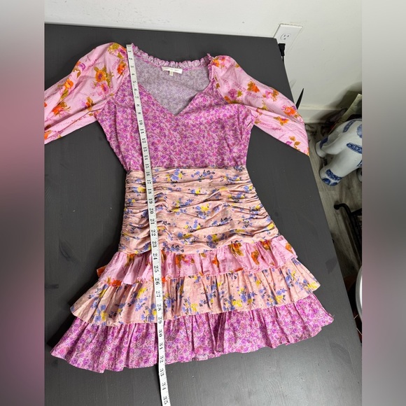 LoveShackFancy Long Sleeve Tiered Ruffle Floral Printed Mini Dress - Pink - Picture 12 of 12